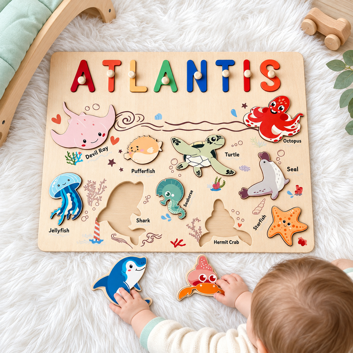 Personalized Wooden Name Puzzle - Ocean Animal Toy for Toddlers woodemon