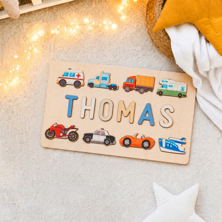 Personalisiertes Baby-Namenspuzzle aus Holz - Verkehr