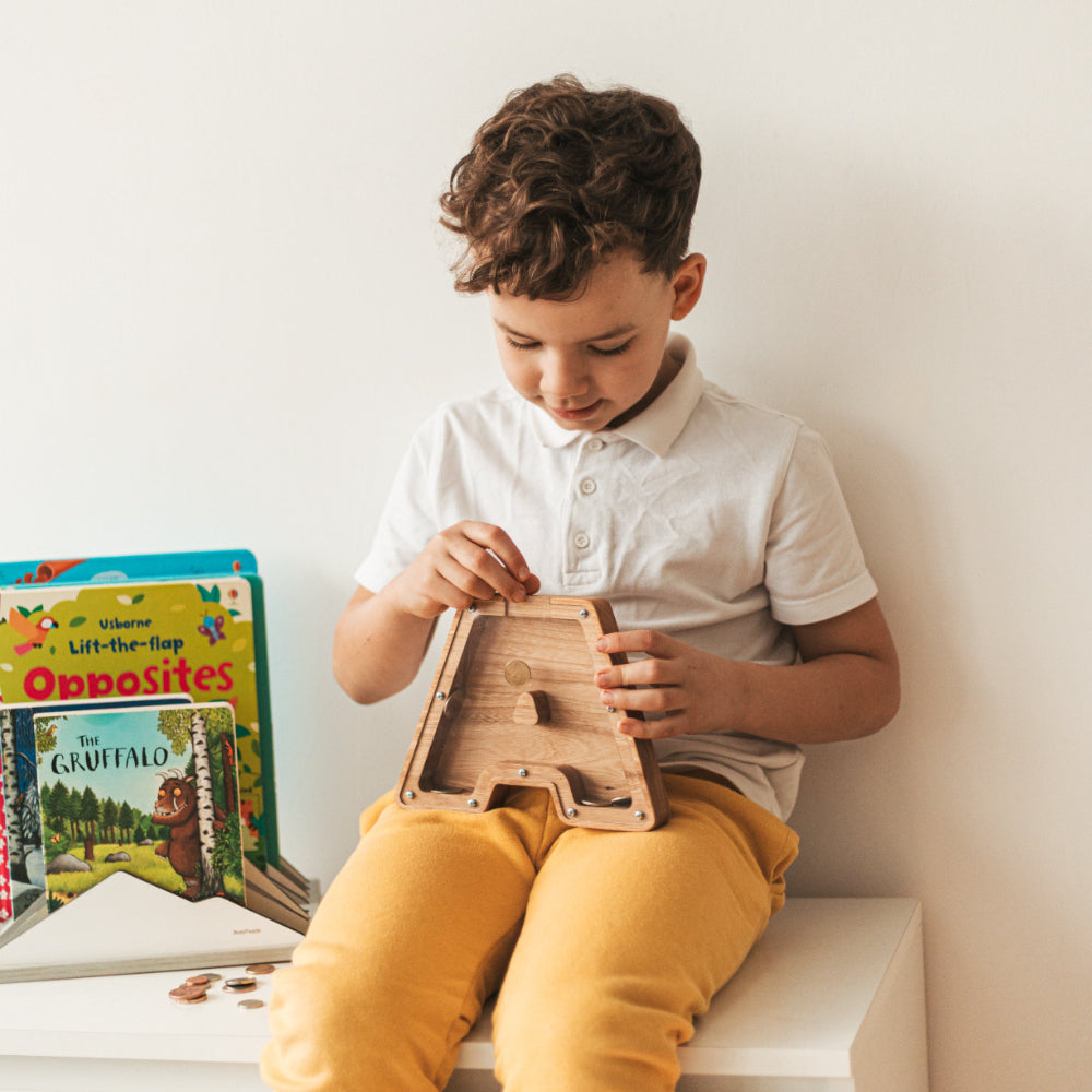 Pușculiță cu scrisoare personalizată din lemn pentru copii