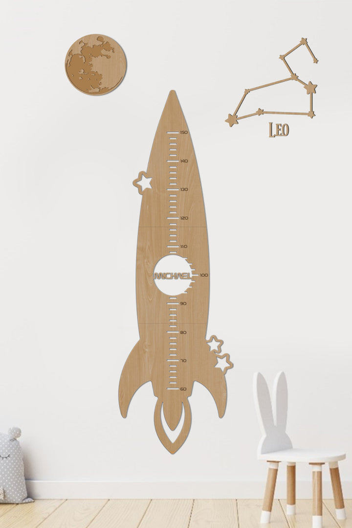 Personalized Wooden Rocket Baby Height Growth Chart on the Wall