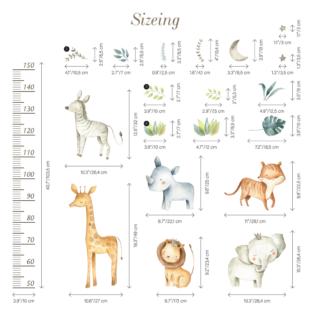 Cute Safari Animals Growth Chart Stickers Wall Decals