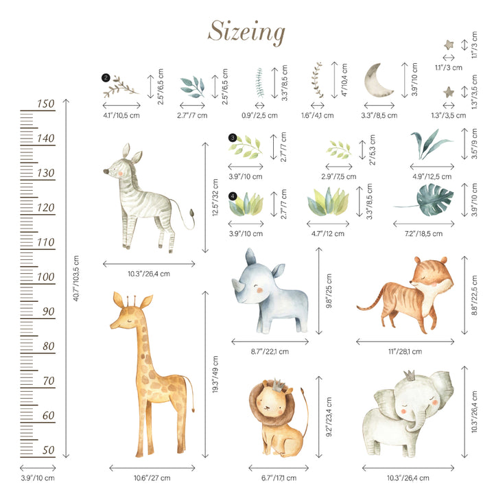 Cute Safari Animals Growth Chart Stickers Wall Decals
