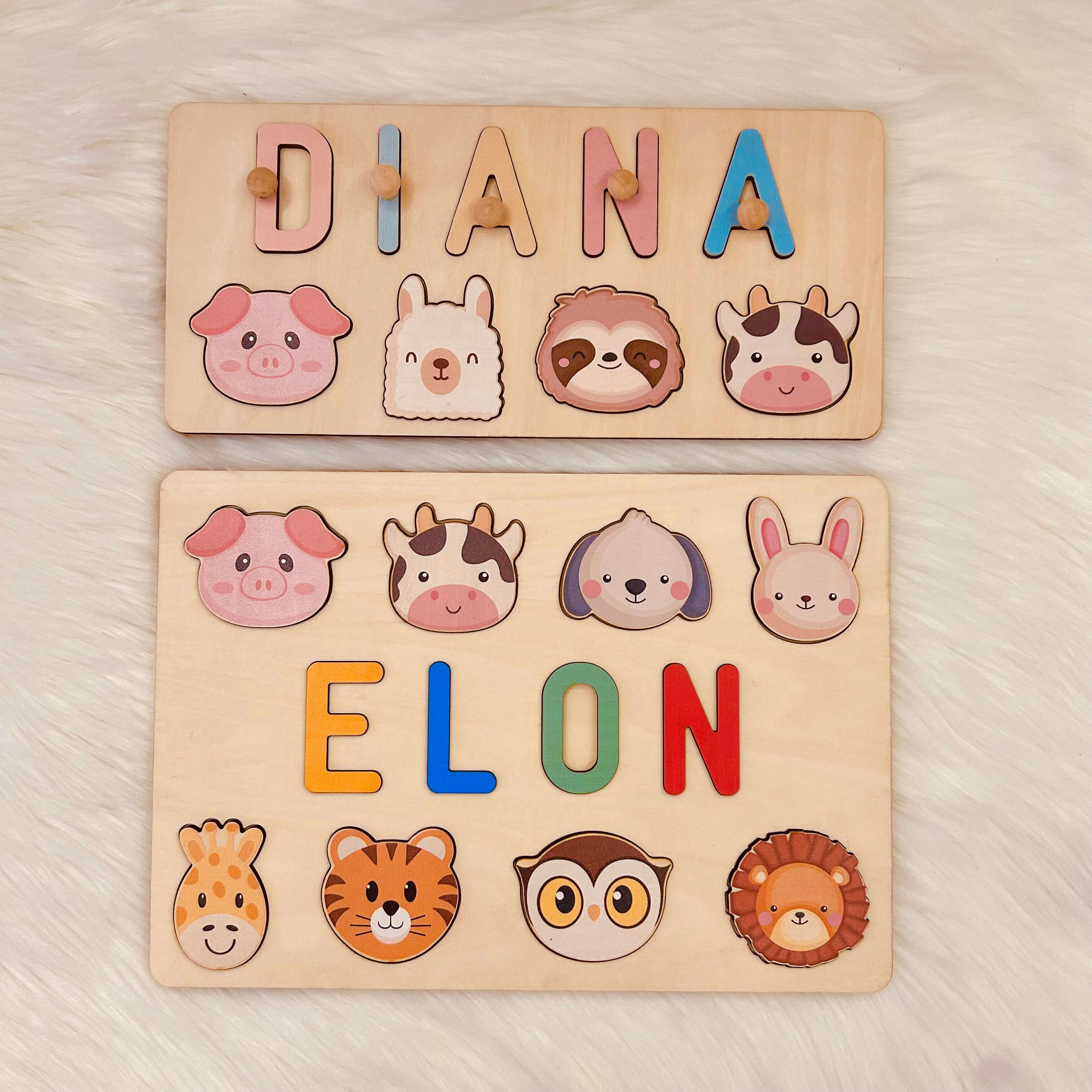 Personalized Wooden Baby Name Puzzle with Animals Product Name: Personalized Wooden Baby Name Puzzle with Animals Material: Eco-Friendly Plywood BasswoodLetters Available: Up to 10Engraving Messages: AvailableNon-Toxic: YesNon-Harmful: Yes Color: Pastel-b