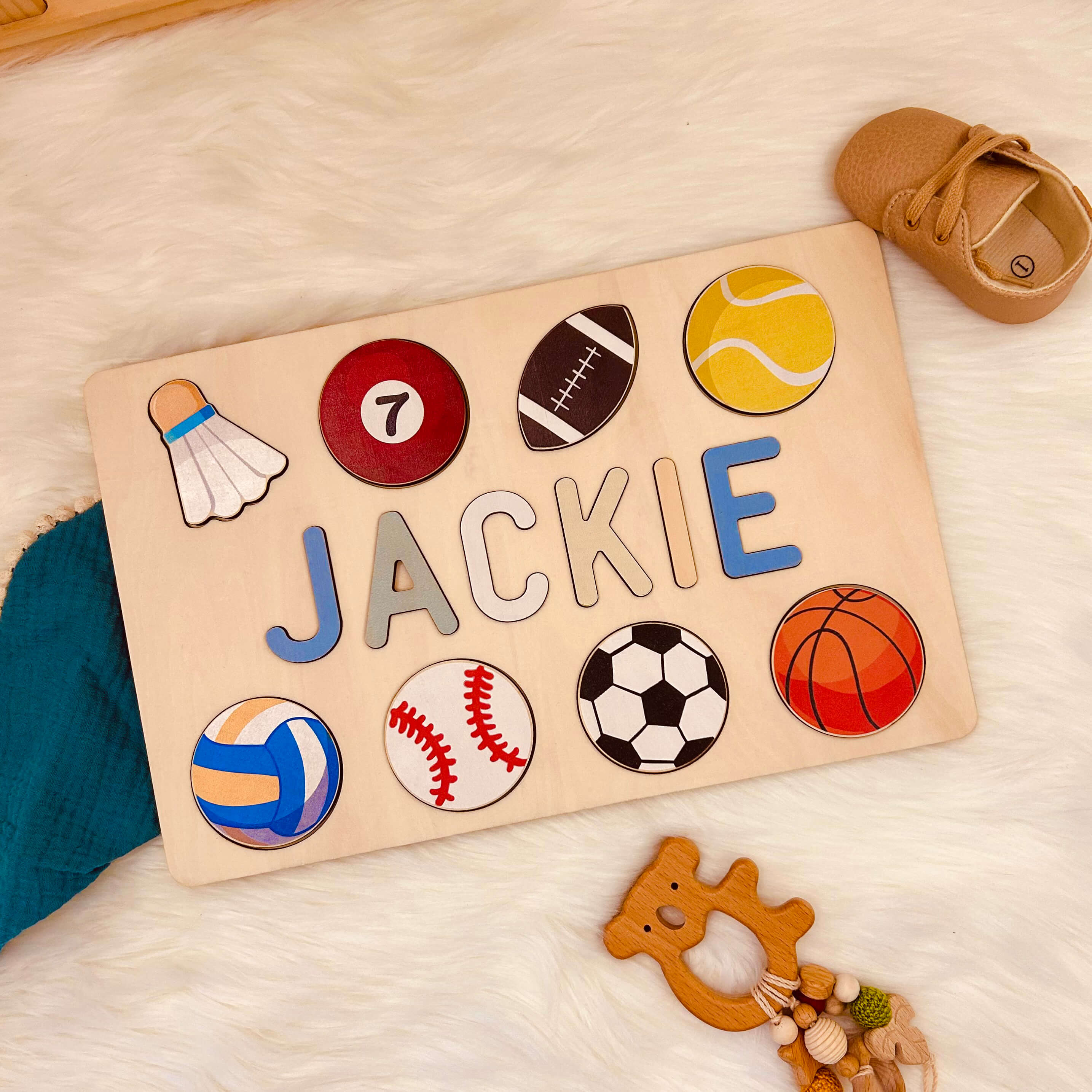 Personalized Wooden Baby Name Puzzle with Balls Product Name: Personalized Wooden Baby Name Puzzle with Balls Material: Eco-Friendly Plywood BasswoodLetters Available: Up to 10Engraving Messages: AvailableNon-Toxic: YesNon-Harmful: Yes Color: Pastel-boy;