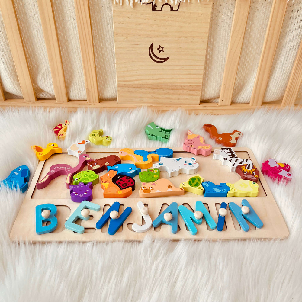 Personalized Wooden Animal Stacking Name Puzzle Introducing Woodemon's latest innovation in early childhood development, the Personalized Wooden Animal Stacking Name Puzzle! Unleash your child's imagination with this multifaceted learning tool that combin