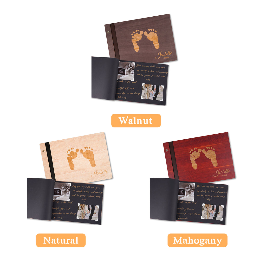 Personalized Baby Photo Album with Name & Birth Date – Wooden Footprint Design