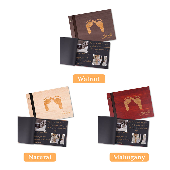 Personalized Baby Photo Album with Name & Birth Date – Wooden Footprint Design