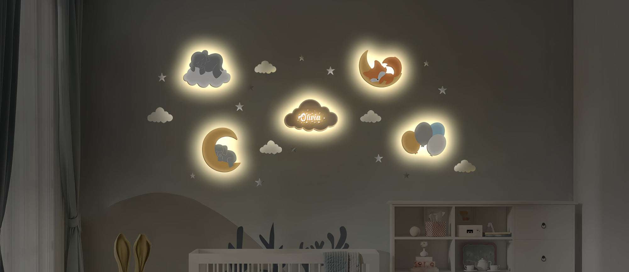 Personalized Wooden Baby's Room Wall Light Set - Night