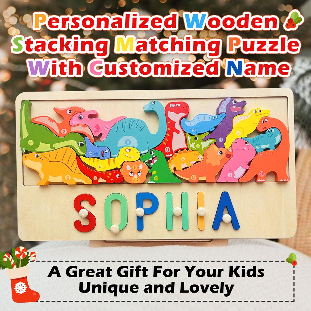 Personalized Wooden Stacking Matching Puzzle With Customized Name Embark on a prehistoric adventure with Woodemon's latest marvel—the Personalized Wooden Dinosaur Stacking Name Puzzle! Ignite your child's curiosity with this captivating blend of education
