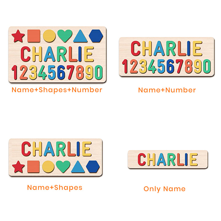 Personalisiertes Namenspuzzle aus Holz mit Zahlen und Formen