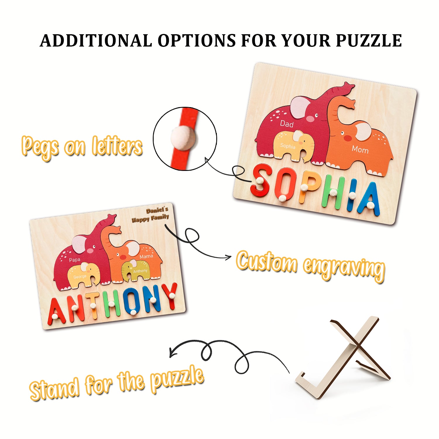 Personalized Wooden Baby Name Puzzle - Family Elephants