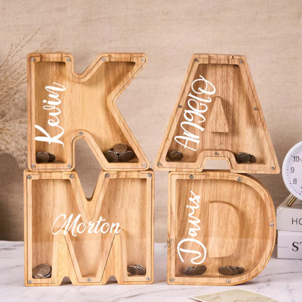 Wooden Letter Piggy Bank, Personalized Gifts For Kids