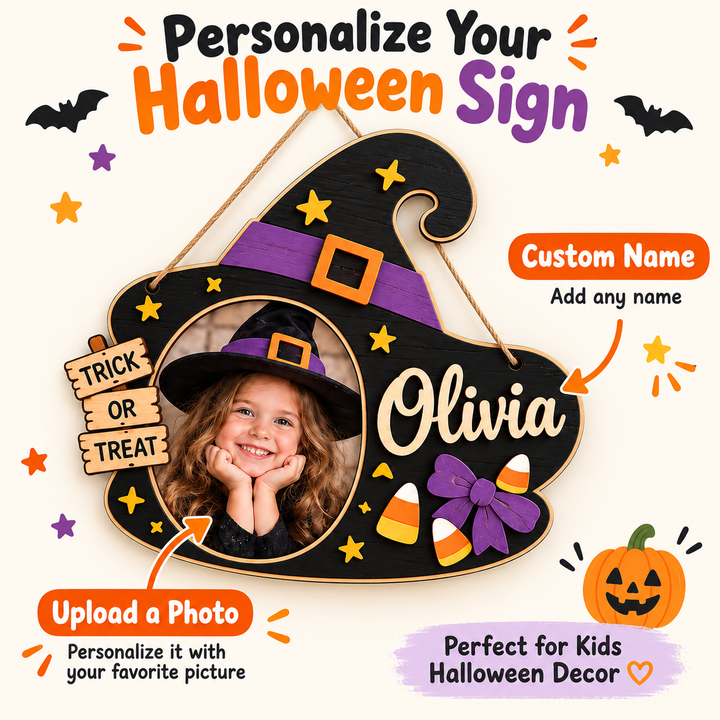 Personalized Kids Halloween Name & Photo Sign for Door & Wall Woodemon