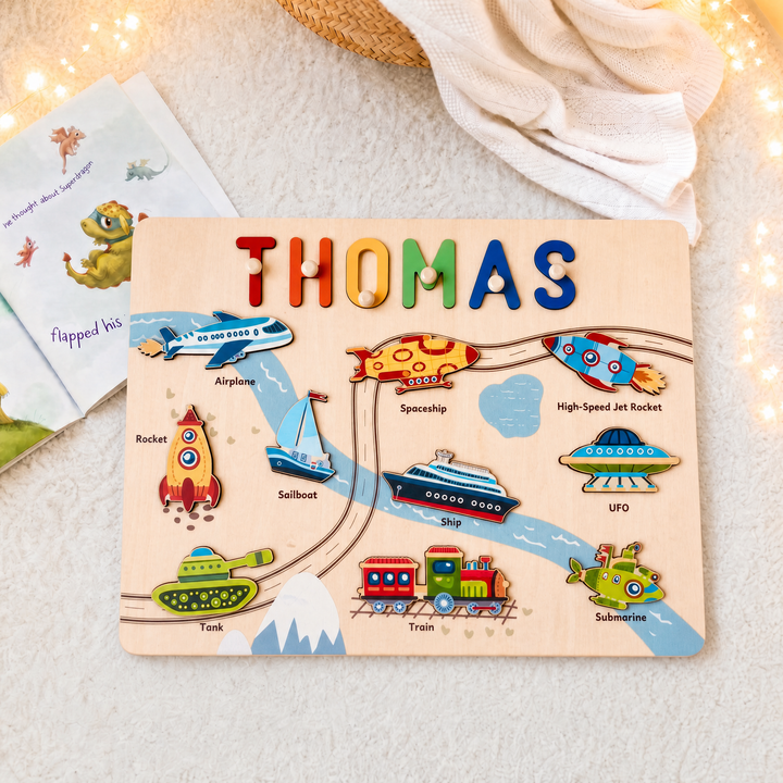 Personalized Wooden Name Puzzle - Vehicle Learning Toy for Toddlers