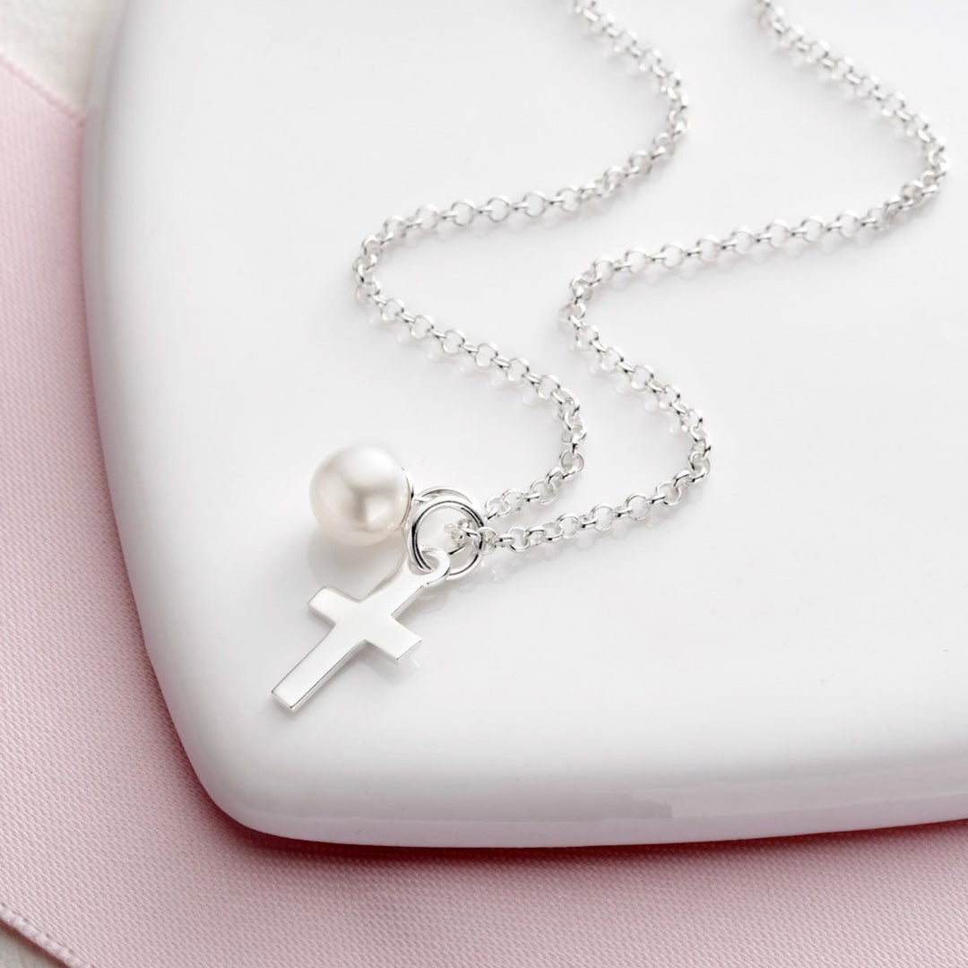 Cross and Pearl Childrens Initial Necklace