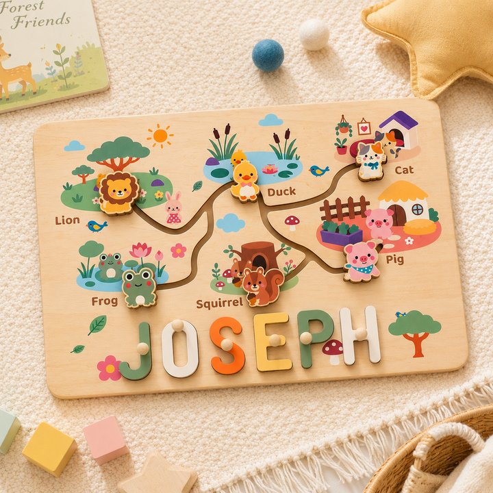 Personalized Montessori Animal Sliding Name Puzzle Woodemon