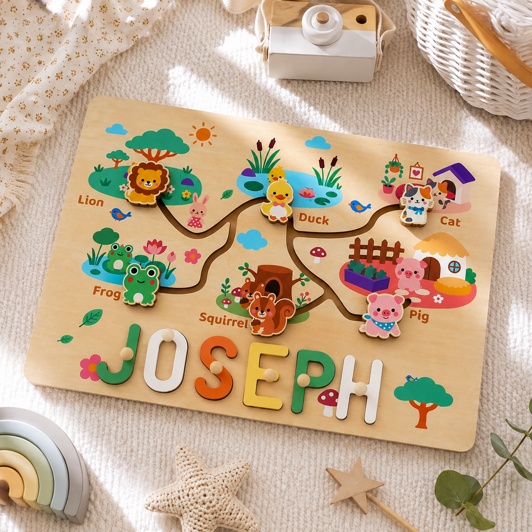 Personalized Montessori Animal Sliding Name Puzzle Woodemon