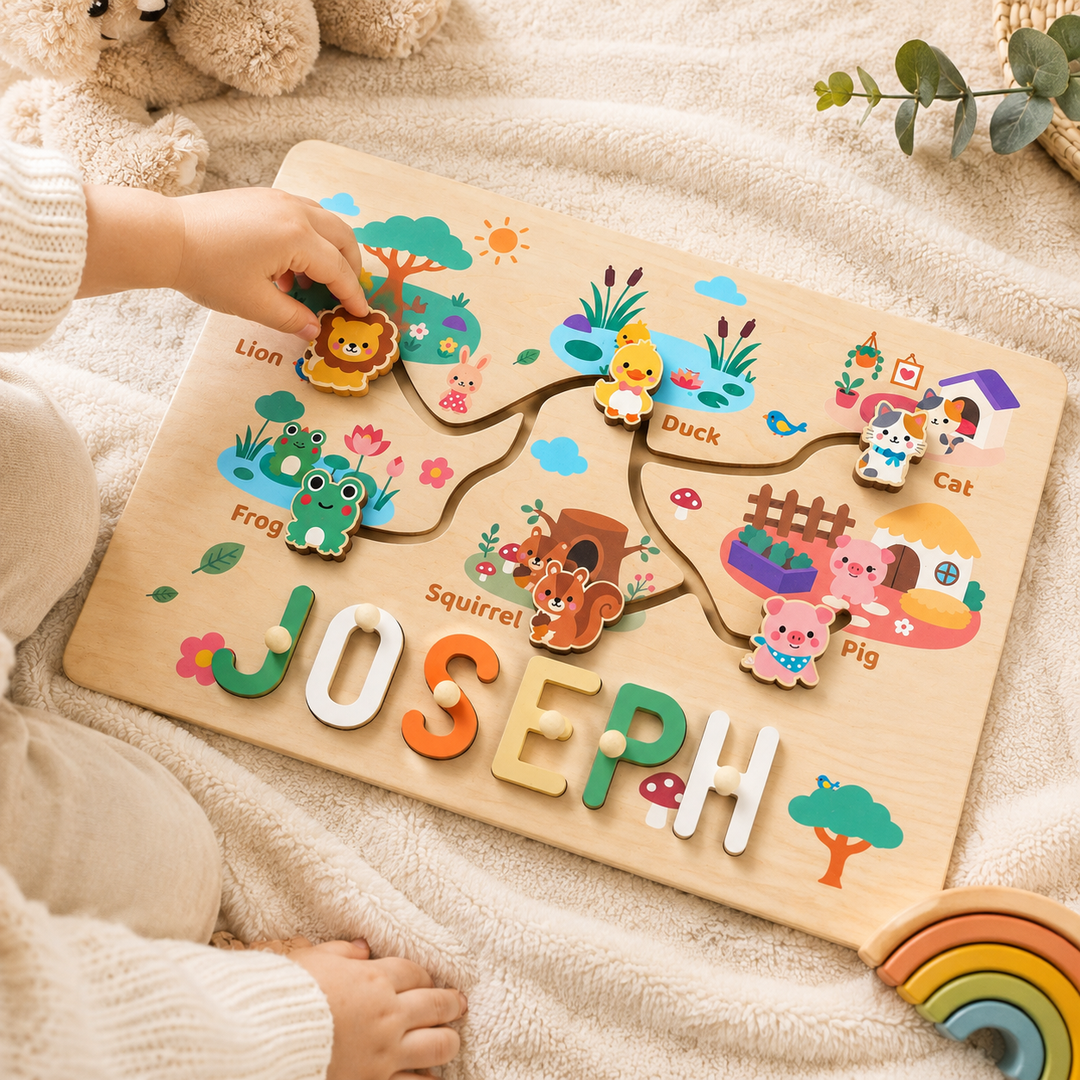 Personalized Montessori Animal Sliding Name Puzzle Woodemon