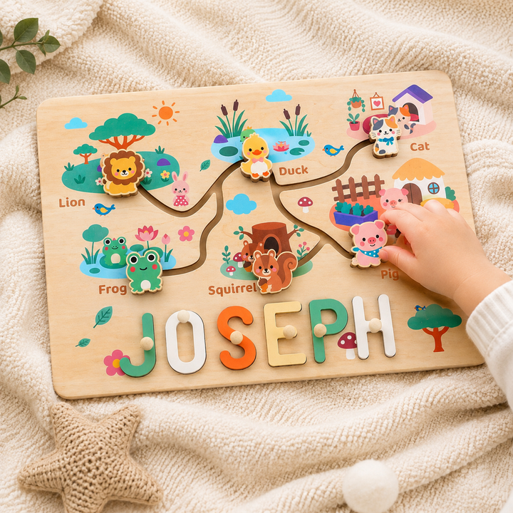 Personalized Montessori Animal Sliding Name Puzzle Woodemon