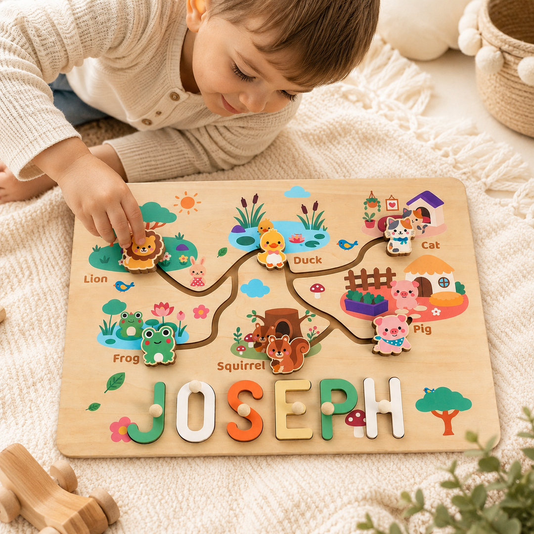Personalized Montessori Animal Sliding Name Puzzle Woodemon