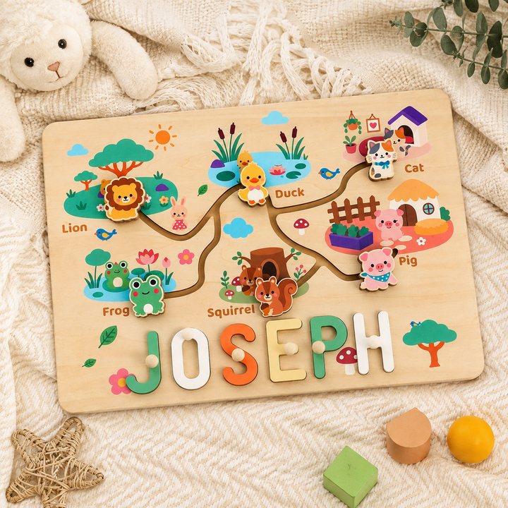 Personalized Montessori Animal Sliding Name Puzzle Woodemon