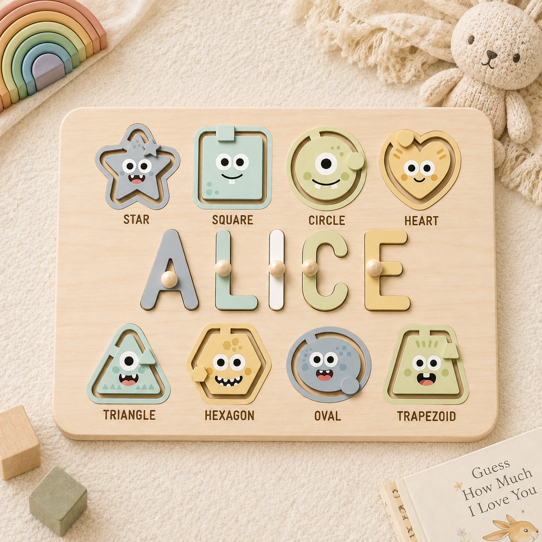 Personalized Name Puzzle with Sliding Shapes Woodemon