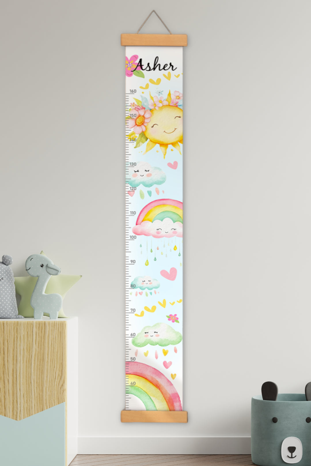 Personalized Sunshine and Rainbow Hanging Canvas Height Ruler