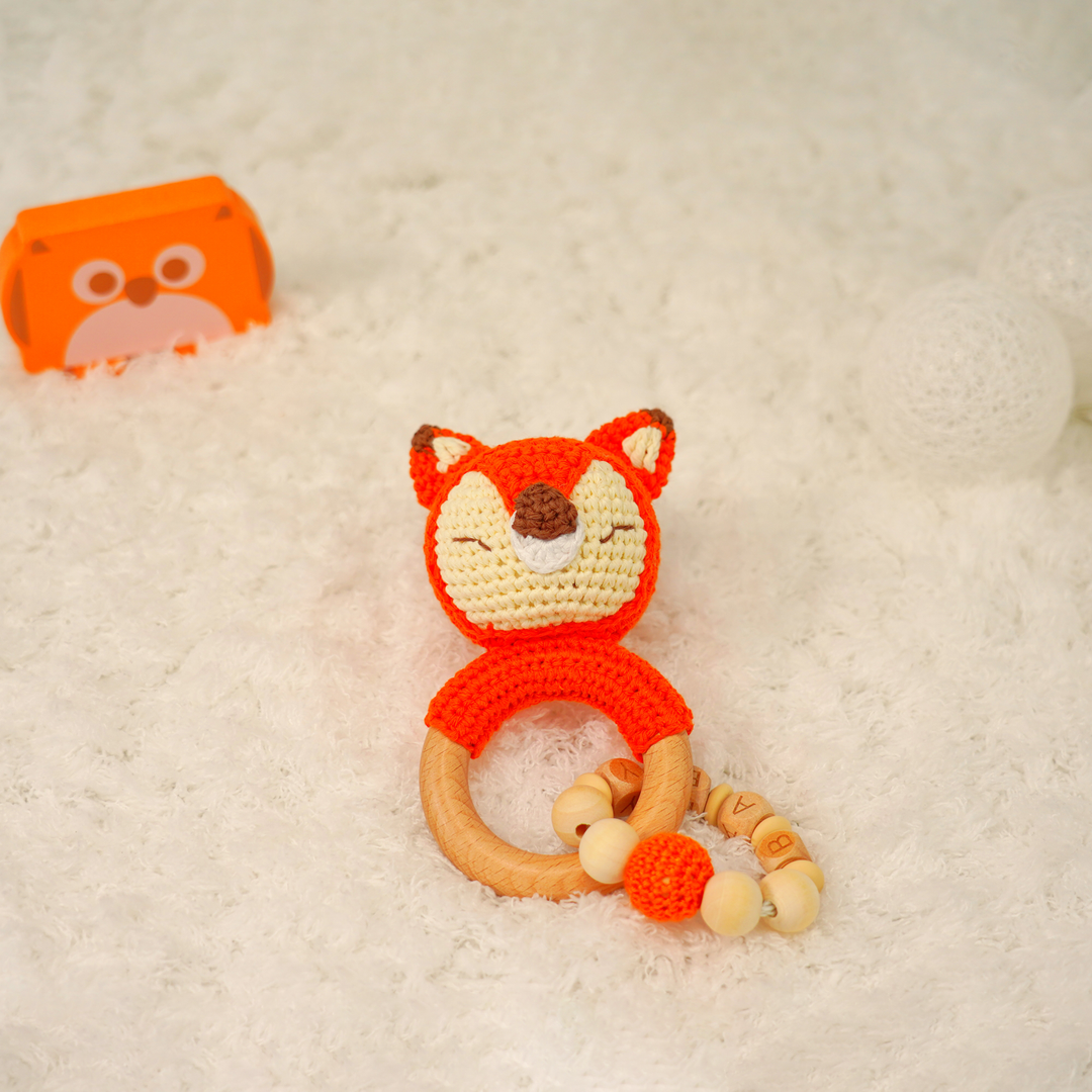 Baby Rattle Fox Toy with Wooden Teeth Ring Bracelet Style