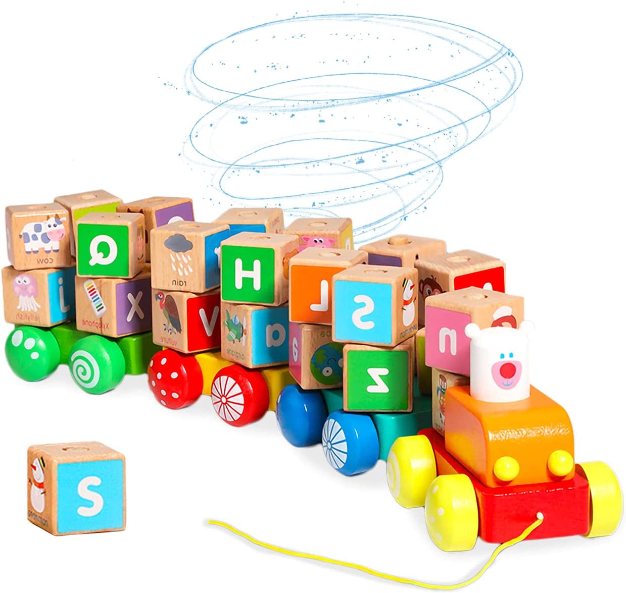 Pull Along Wooden Train Toys 26 PCS Alphabet Letters Block Set