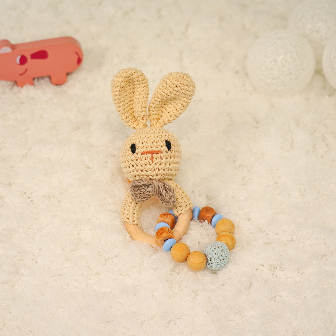 Baby Rattle Blue Rabbit Toy with Wooden Teeth Ring Bracelet Style