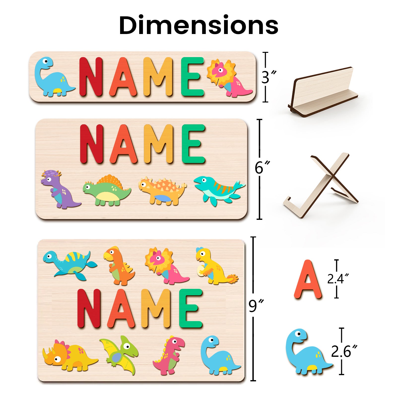 Personalized Wooden Baby Name Puzzle - Dinosaurs Product Name: Personalized Wooden Name Puzzle - DinosaursMaterial: Eco-Friendly Plywood BasswoodLetters Available: Up to 8Engraving Messages: AvailableNon-Toxic: YesNon-Harmful: Yes Our bestselling Name Puz