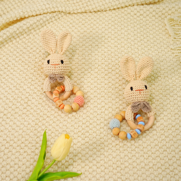 Baby Rattle Pink Rabbit Toy with Wooden Teeth Ring Bracelet Style