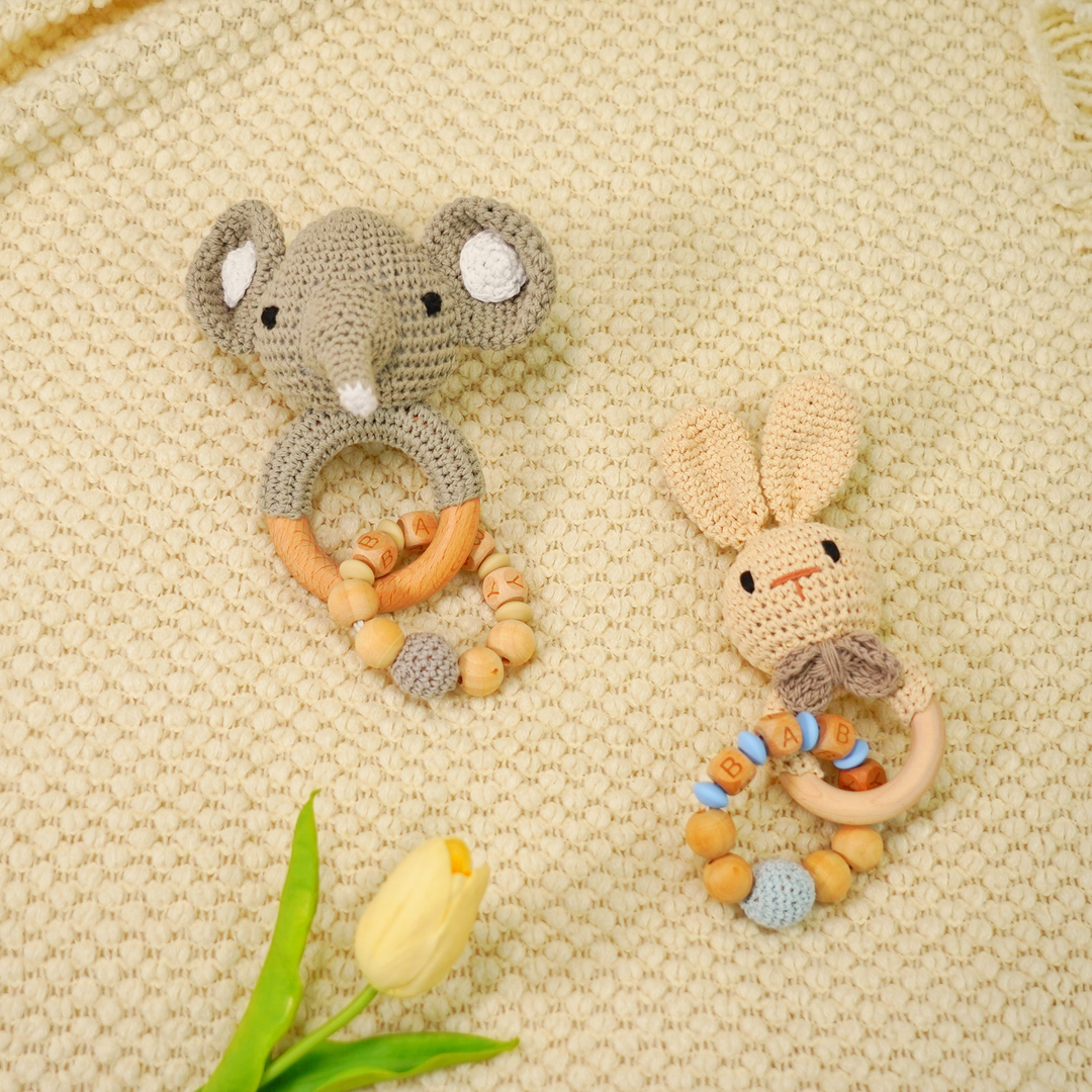 Baby Rattle Elephant Toy with Wooden Teeth Ring Bracelet Style