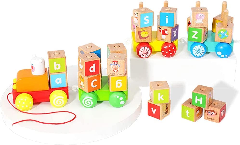 Pull Along Wooden Train Toys 26 PCS Alphabet Letters Block Set