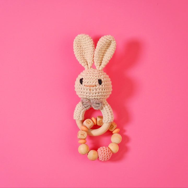 Baby Rattle Pink Rabbit Toy with Wooden Teeth Ring Bracelet Style