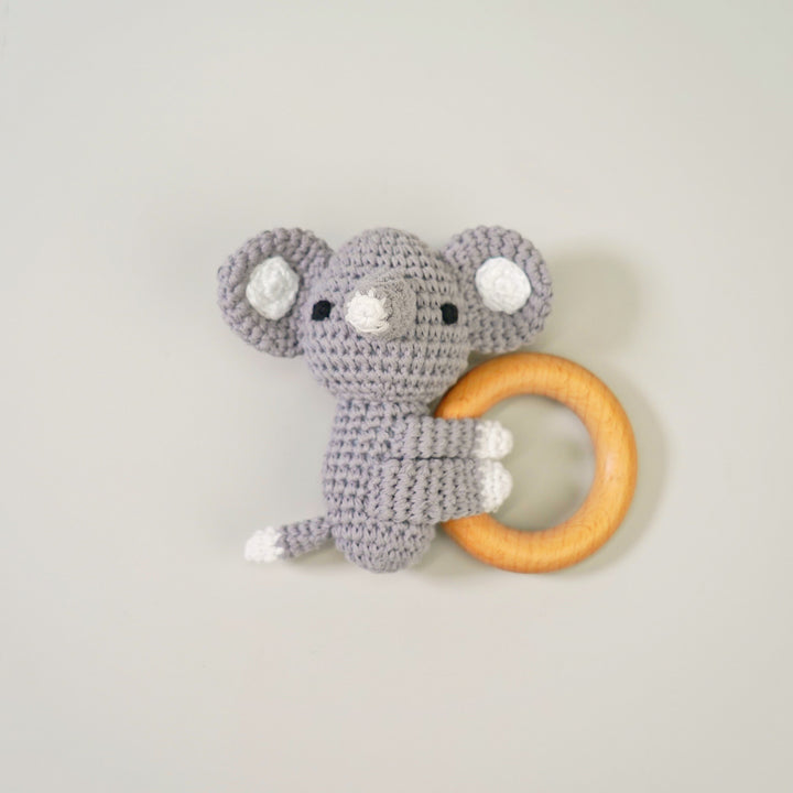 Baby Rattle Shaker Elephant Toy with Wooden Teething Ring