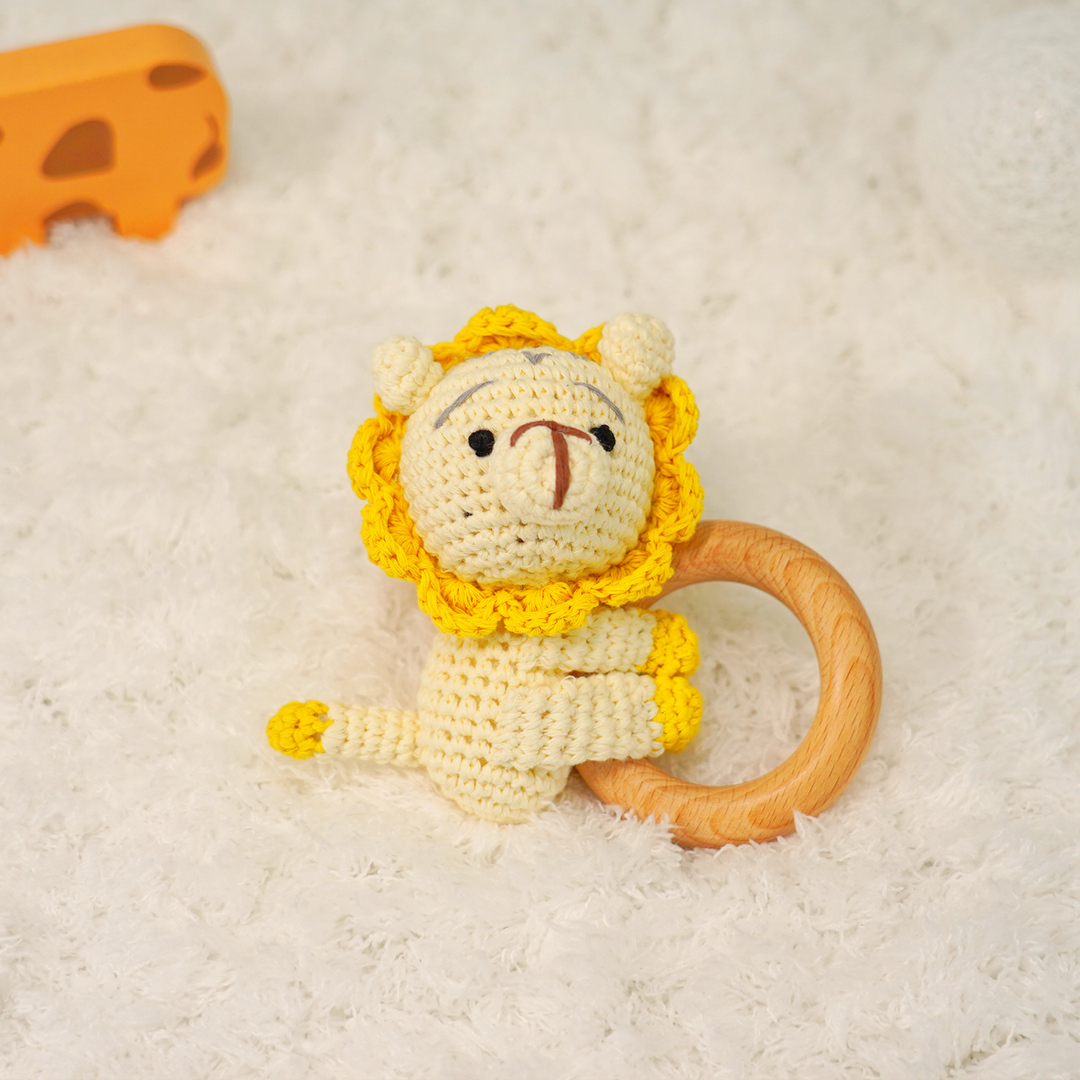 Baby Rattle Shaker Lion Toy with Wooden Teething Ring