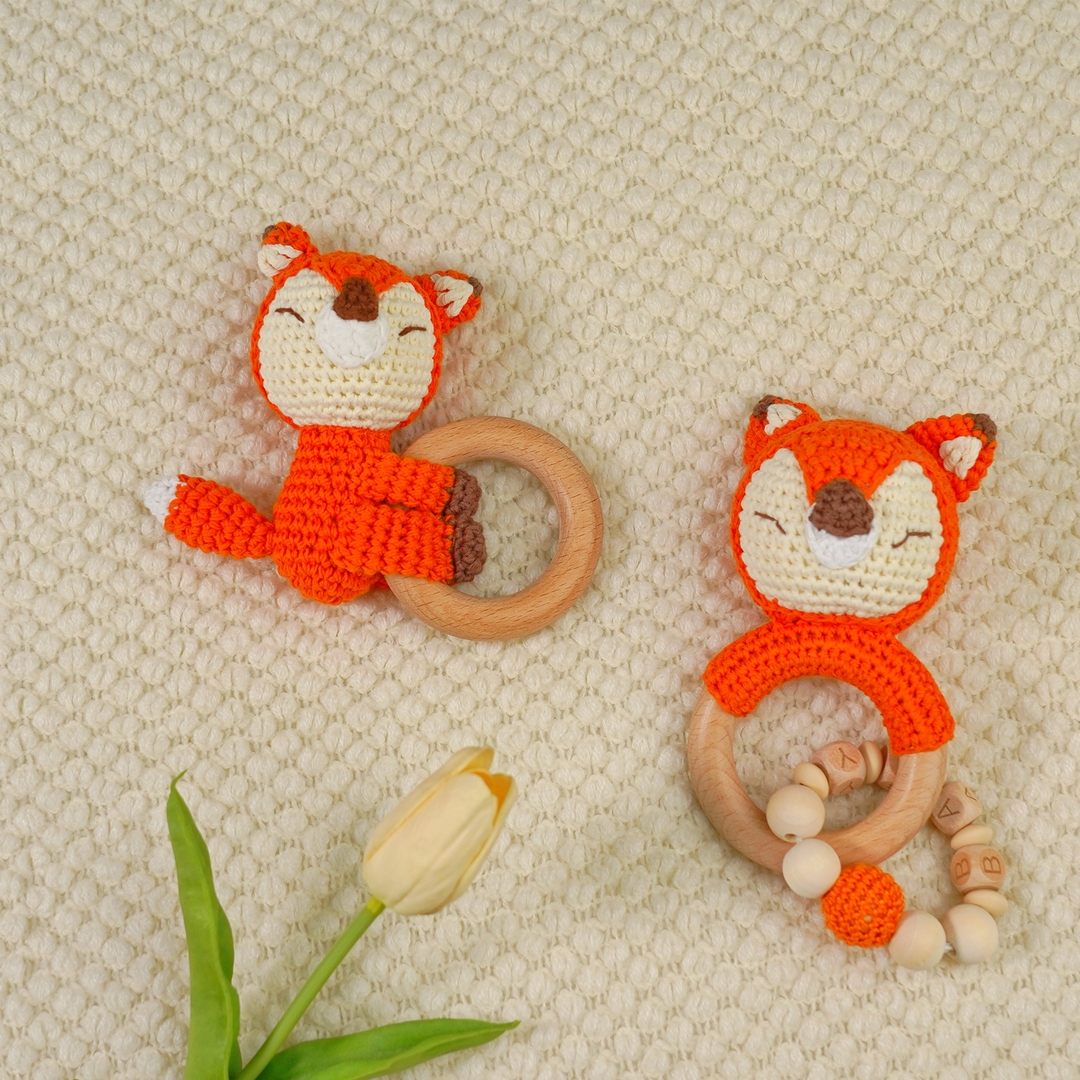 Baby Rattle Shaker Fox Toy with Wooden Teething Ring