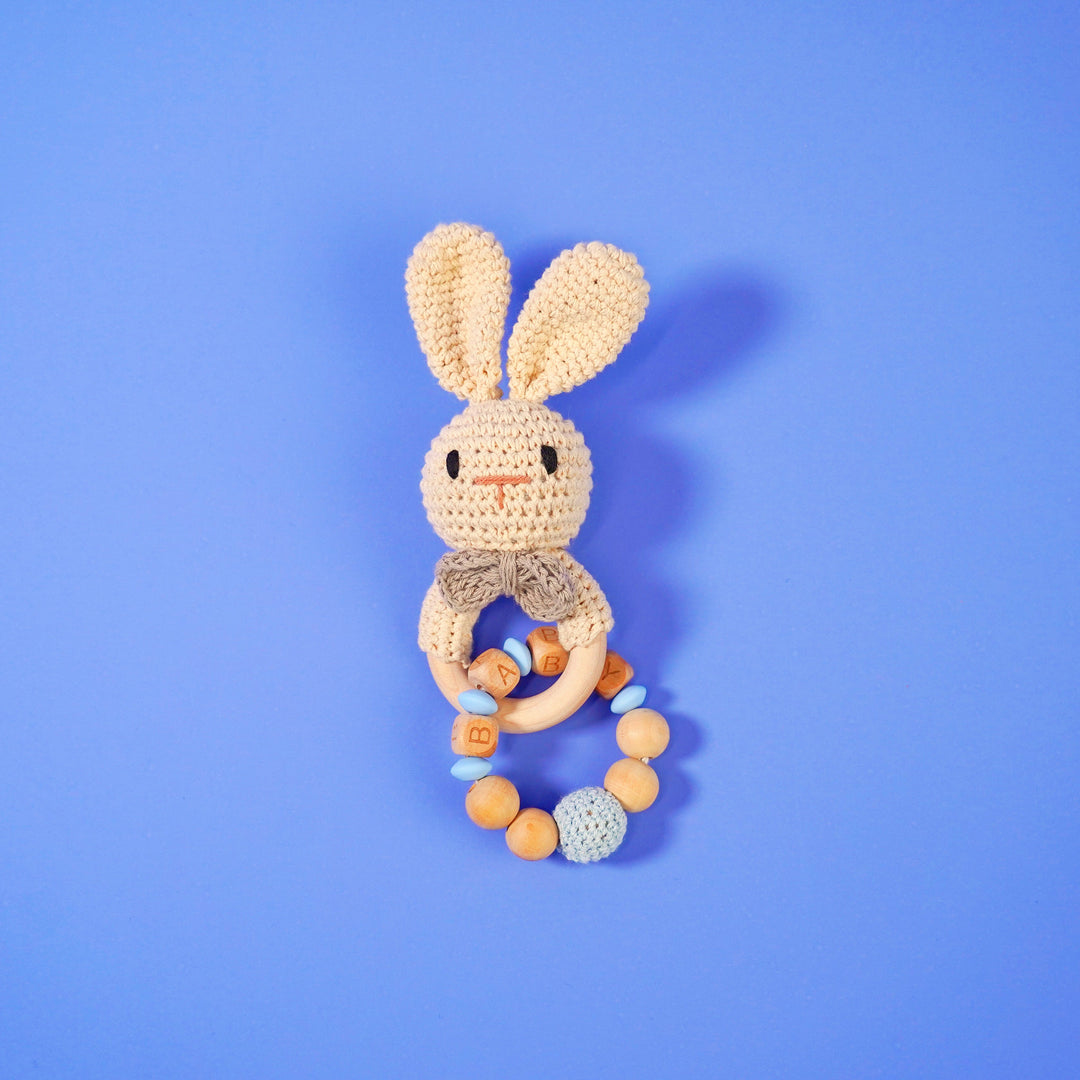 Baby Rattle Blue Rabbit Toy with Wooden Teeth Ring Bracelet Style