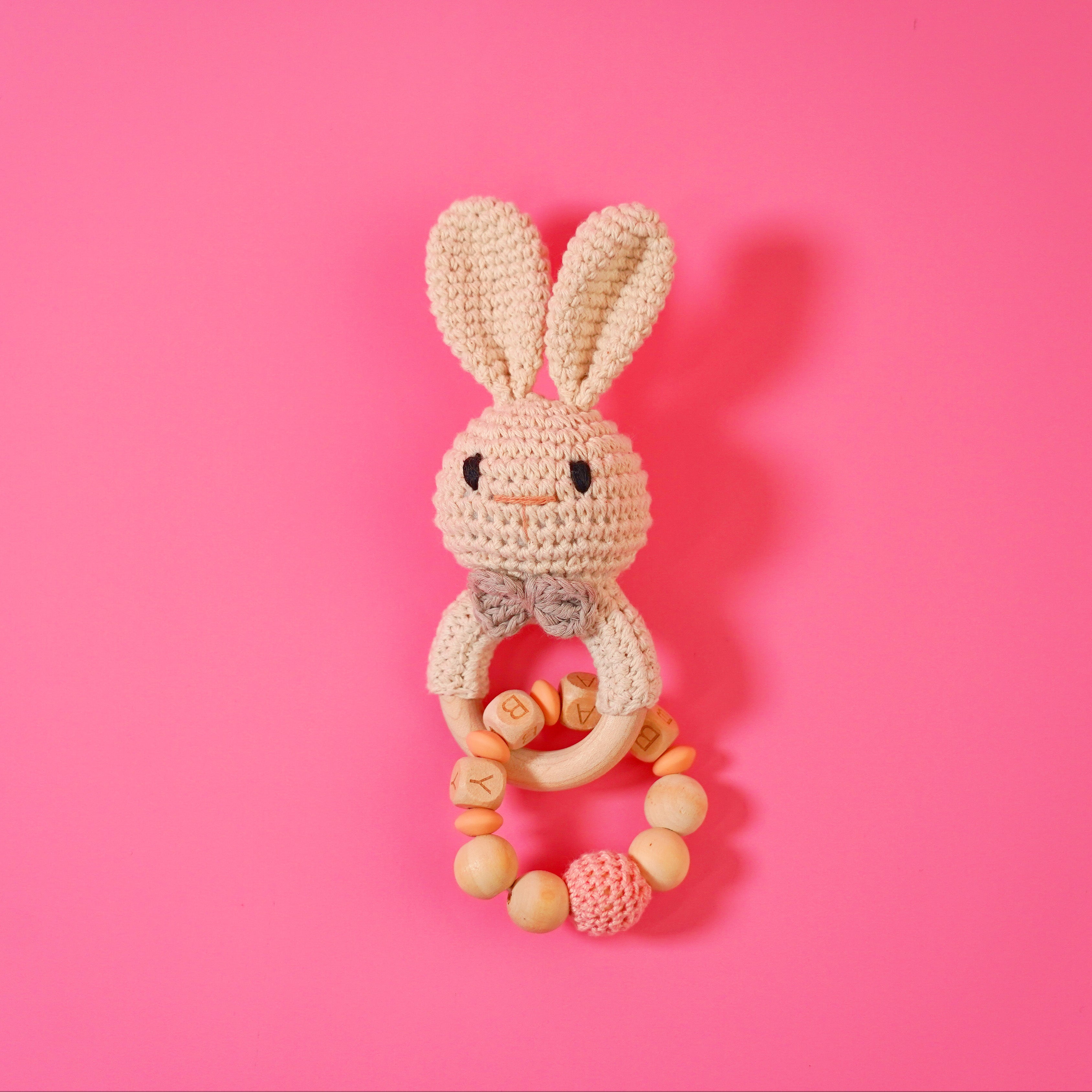 Baby Rattle Pink Rabbit Toy with Wooden Teeth Ring Bracelet Style ...