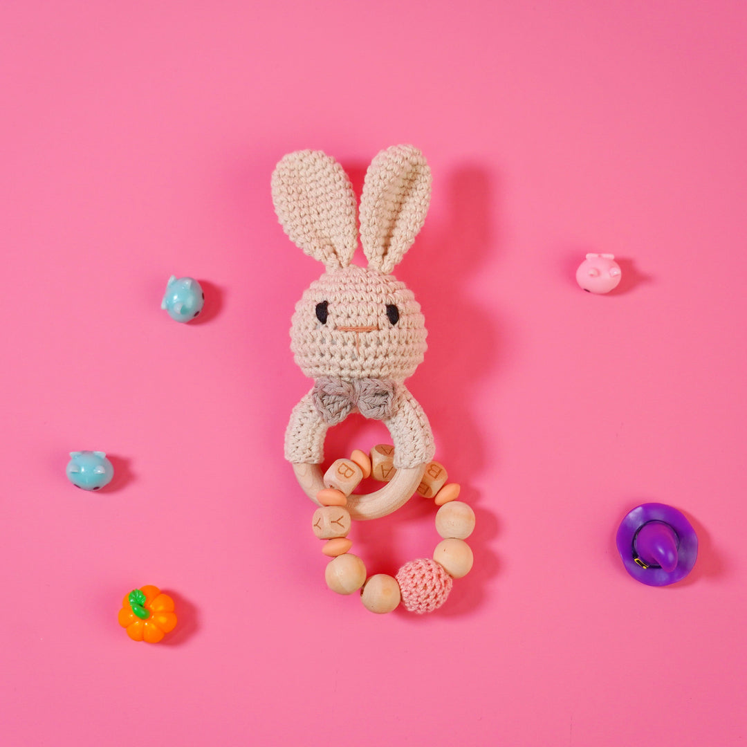 Baby Rattle Pink Rabbit Toy with Wooden Teeth Ring Bracelet Style