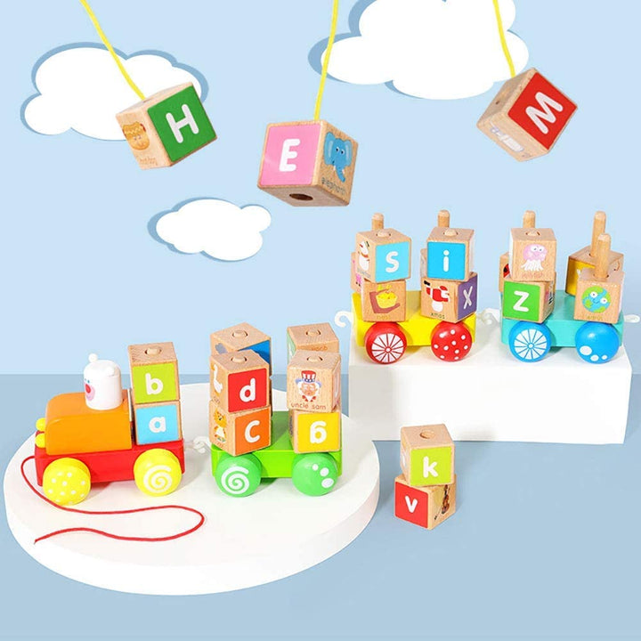 Pull Along Wooden Train Toys 26 PCS Alphabet Letters Block Set