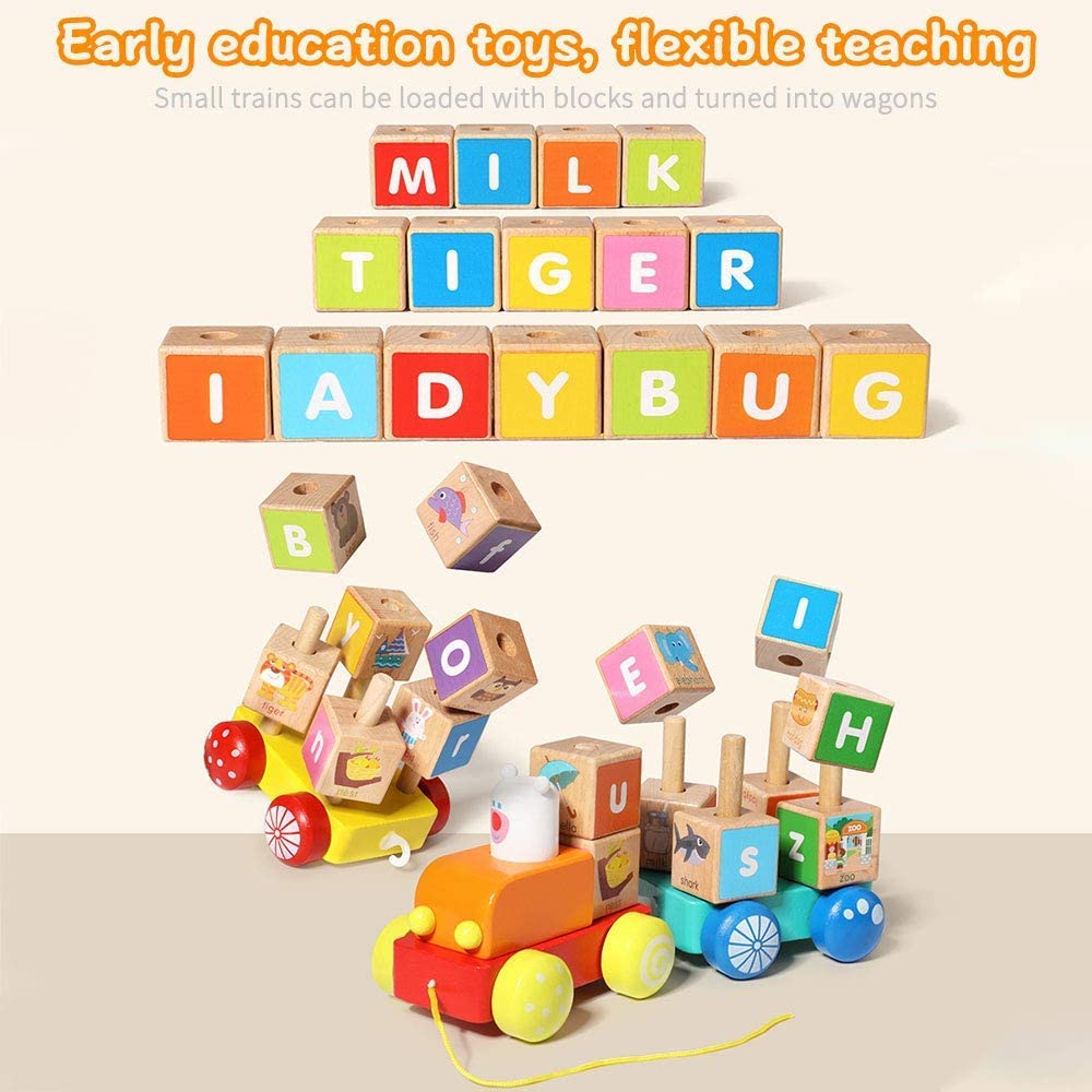 Pull Along Wooden Train Toys 26 PCS Alphabet Letters Block Set