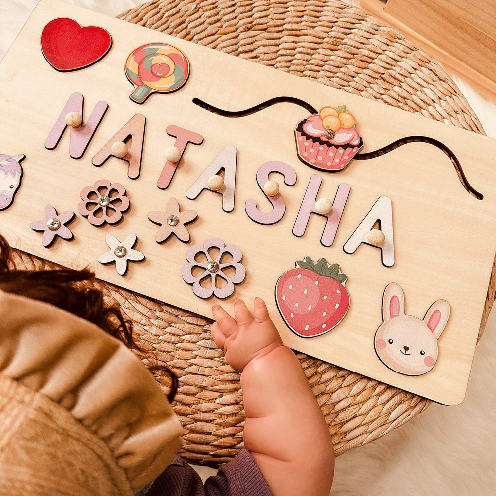 Personalized Baby Name Educate Puzzle Advanced Toys · About Puzzle ·Children learn quickly through play by touching and exploring various objects. A busy board is a Montessori Toy that stimulates learning through experiments. It is a toy that a child can